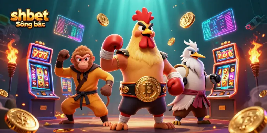 Join the fun at shbet Sòng bạc with vibrant slot machines and lively characters in action.