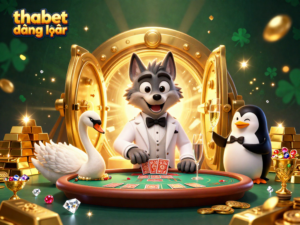 Experience thrilling gaming at thabet đăng nhập with an elegant wolf, swan, and penguin in a vibrant casino scene.