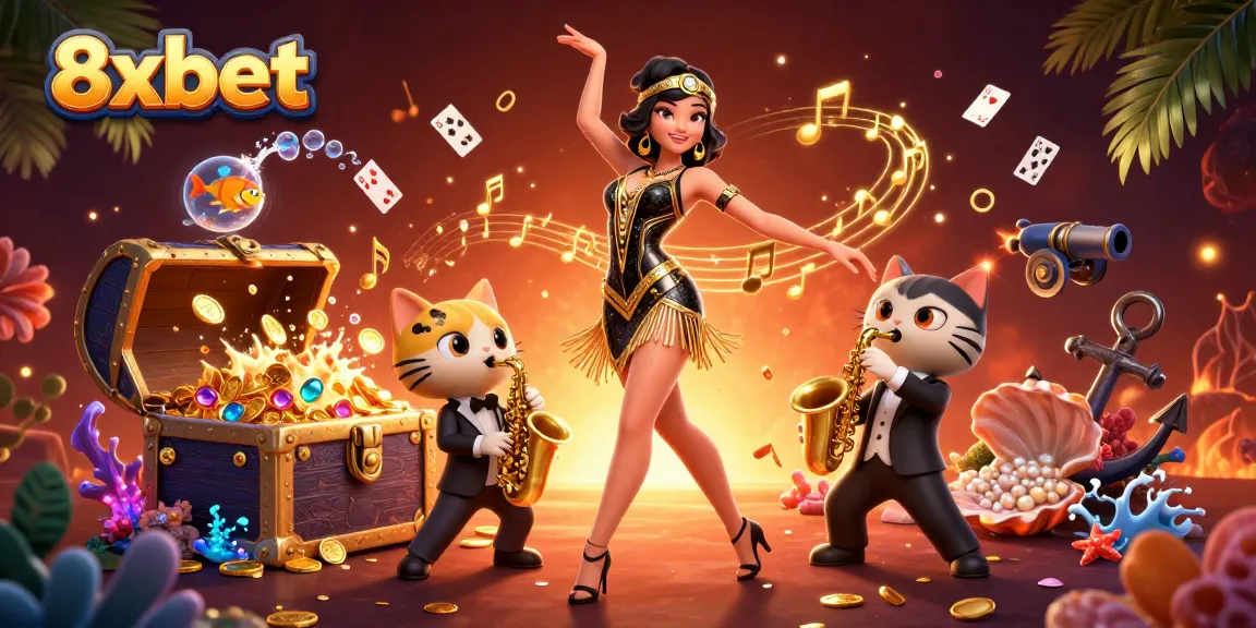 Experience the dynamic energy of 8xbet with rich casino-themed characters and gold elements.