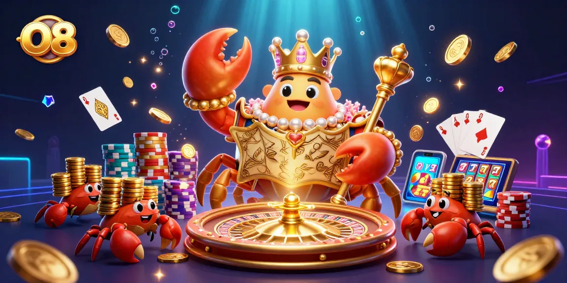 Experience O8's thrilling golden crab casino adventure with vibrant 3D elements and games.