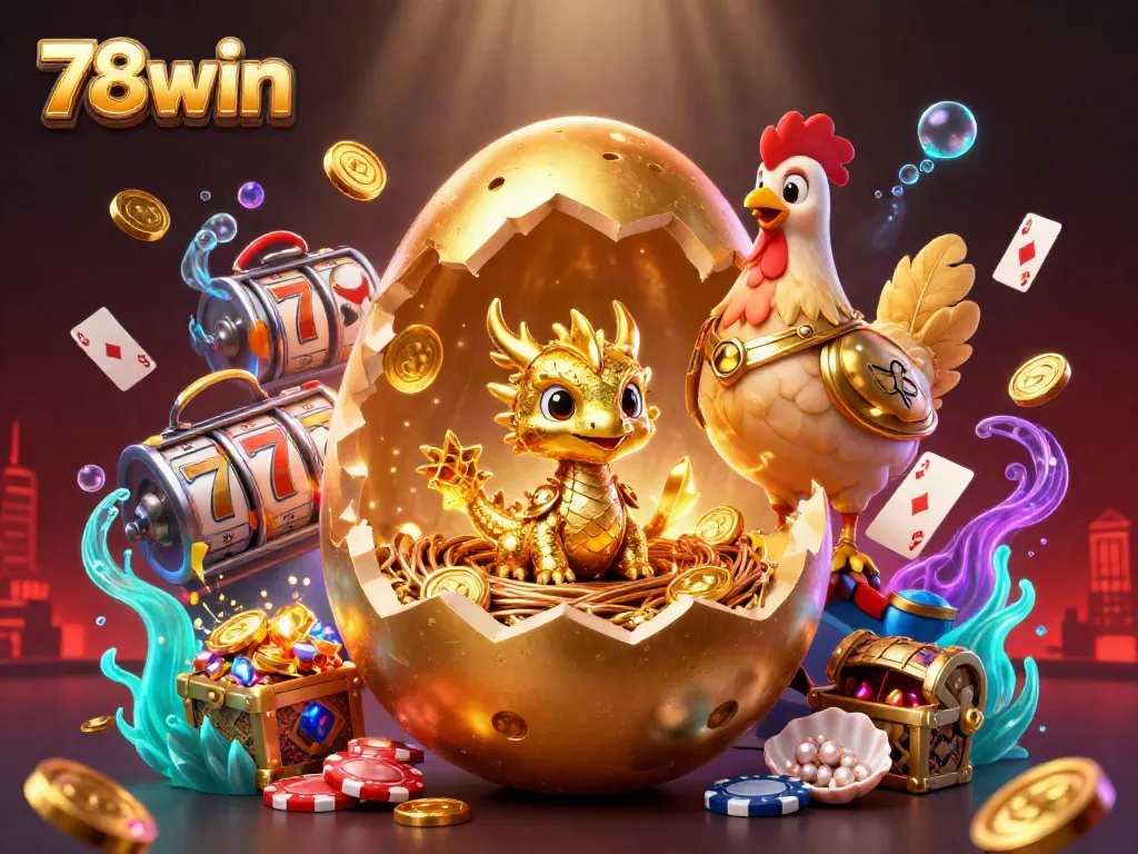 Experience the thrill of 78win casino with vibrant gaming elements, showcasing a golden dragon amidst gleaming chips and glowing treasures.