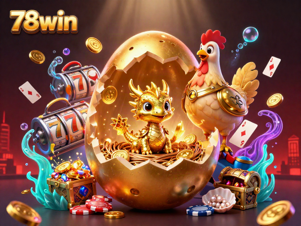 Experience the thrill of 78win casino with vibrant gaming elements, showcasing a golden dragon amidst gleaming chips and glowing treasures.