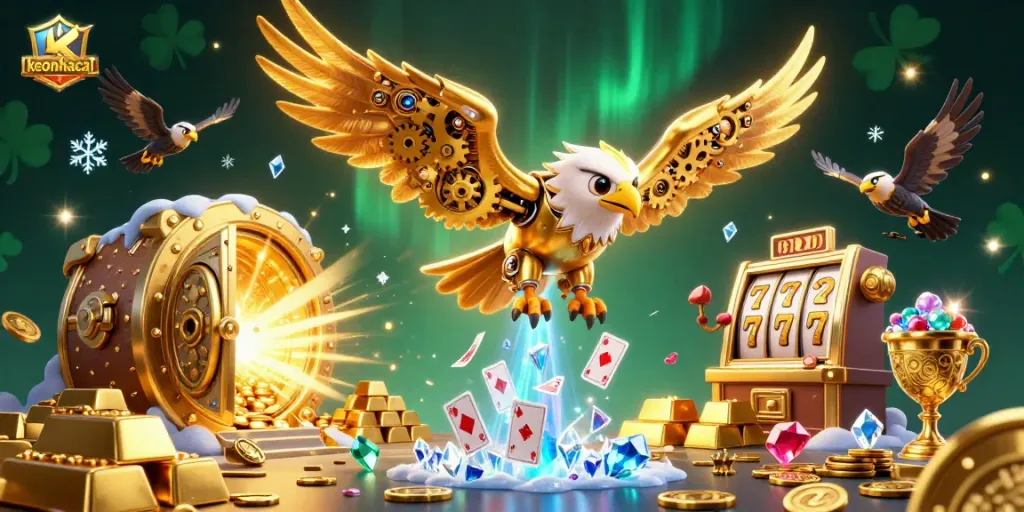 Engage with keonhacai through a vibrant 3D slot machine scene featuring a golden eagle and holographic cards.