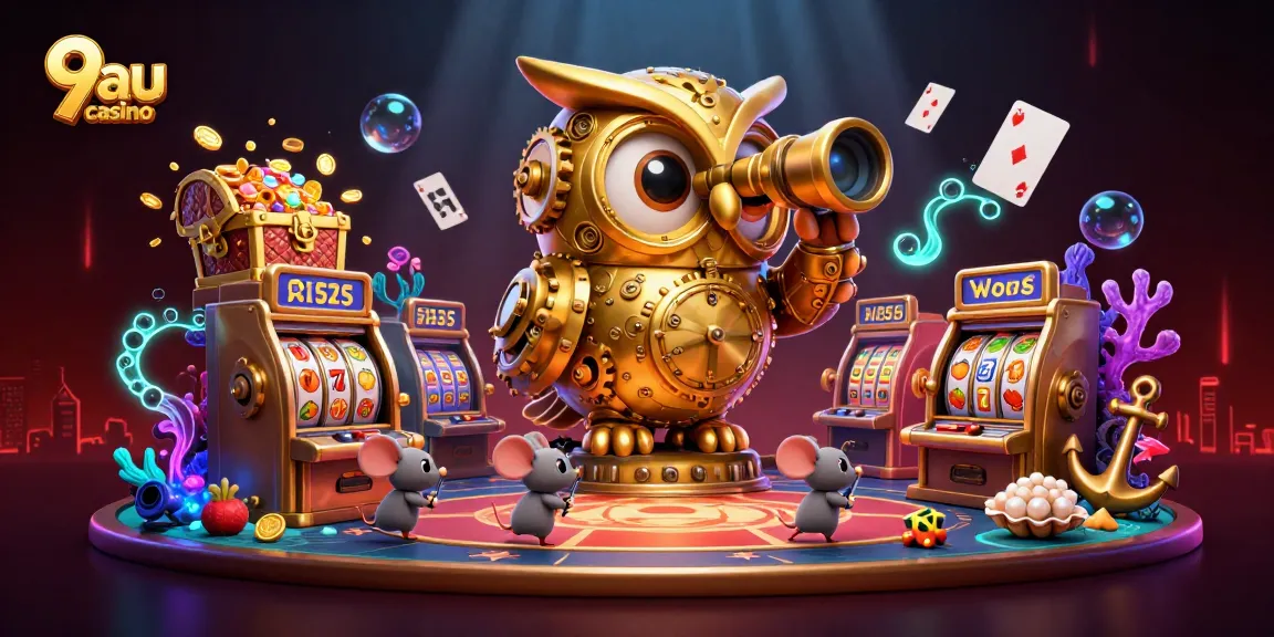 Engage in thrilling gameplay at 9au casino featuring vibrant slot machines, golden treasures and a whimsical owl.