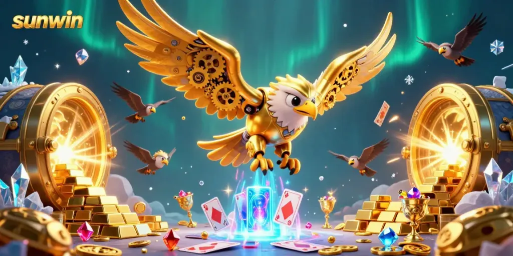 Experience the thrill of sunwin with a golden eagle flying through a cascade of holographic cards.