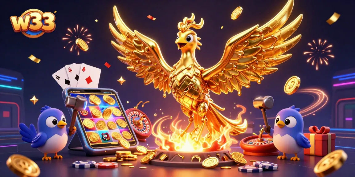 Experience winning at w33 with a vibrant scene of golden phoenix, lively casino elements.