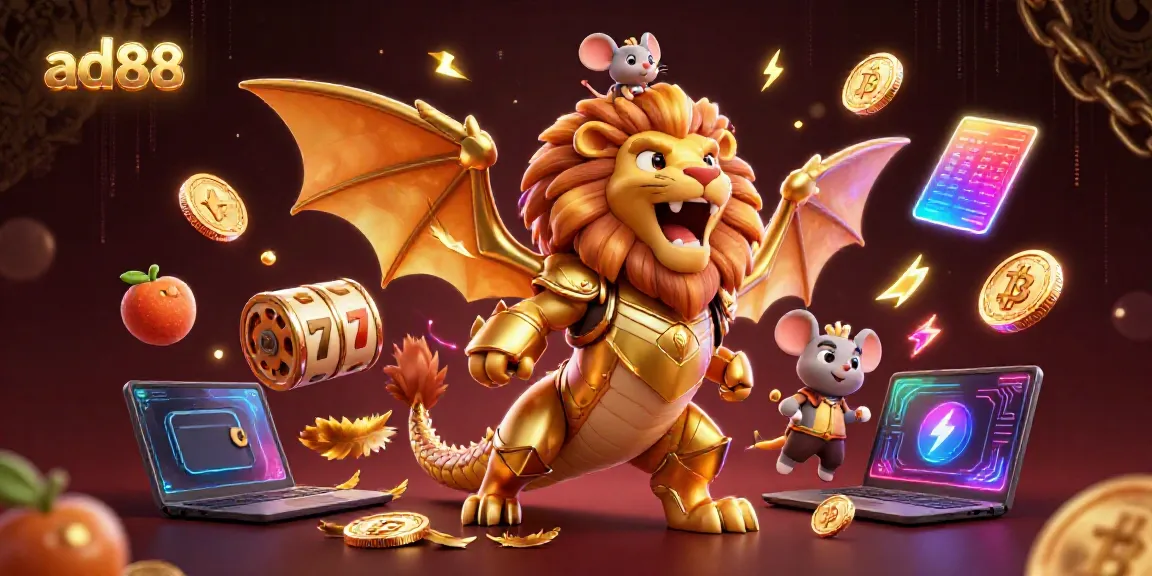 Experience the thrilling ad88 slots with a golden chimera and crypto elements in a vibrant 3D scene.