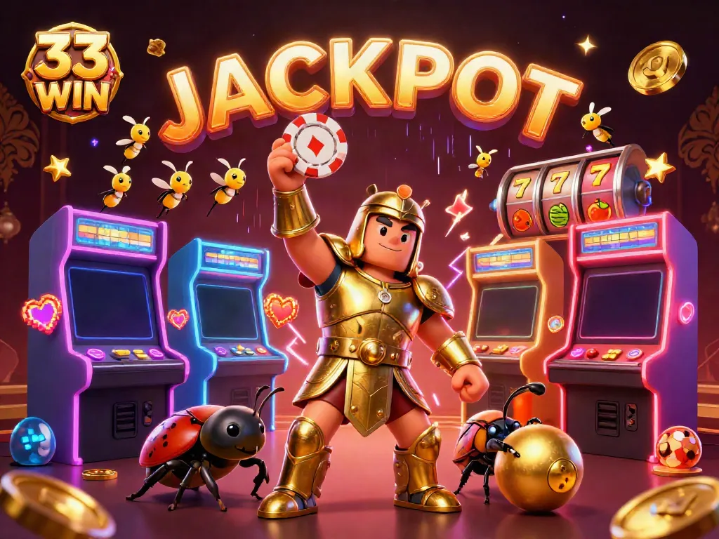 Experience the thrill of 33 WIN with a lively scene of cartoon beetles celebrating a jackpot, surrounded by casino elements.
