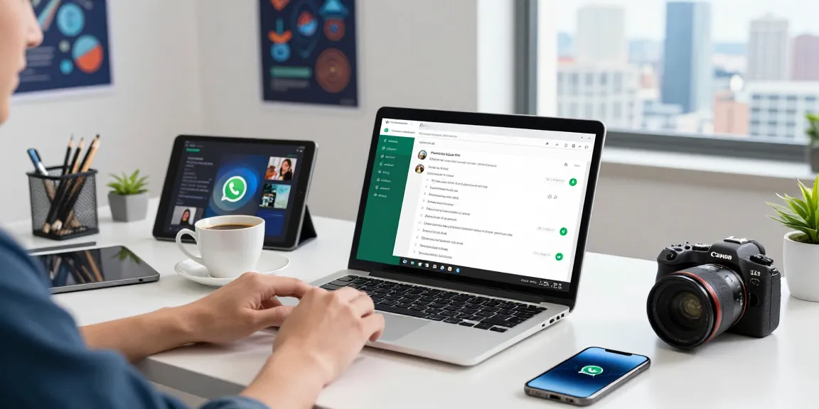 Using WhatsApp網頁版 on a modern laptop in a vibrant workspace, showcasing chat interactions and tech gadgets.