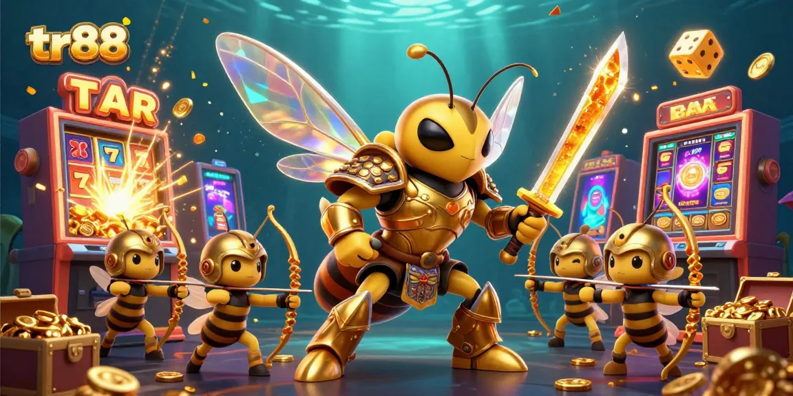 Experience thrilling slots at tr88 with a vibrant scene featuring a golden hornet samurai surrounded by dynamic casino elements.