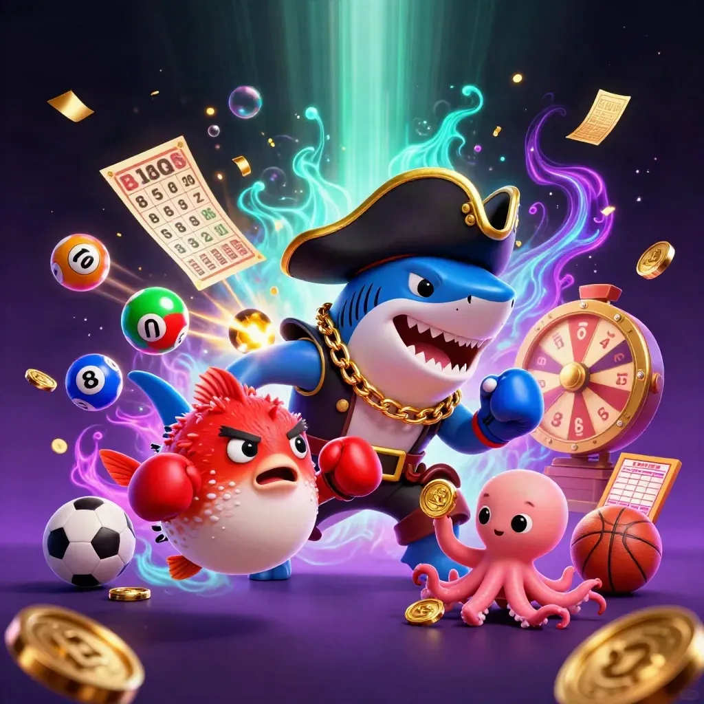 Pirate shark, boxing pufferfish, and juggling octopus amid neon casino loot and bubbles.