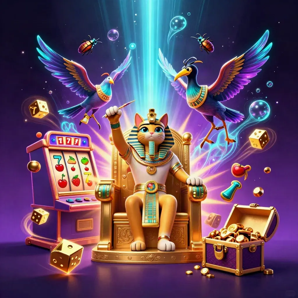 Egyptian cat pharaoh, ibis scribe, and gem-winged scarabs amid slot bursts and treasure