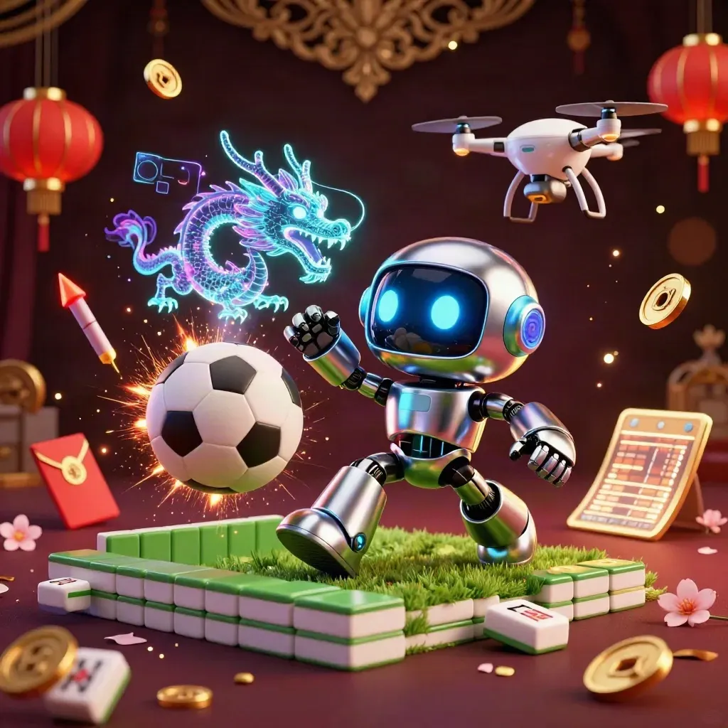 Cyberpunk robot, holographic dragon and drone burst around balls, coins and lanterns in neon casino glow