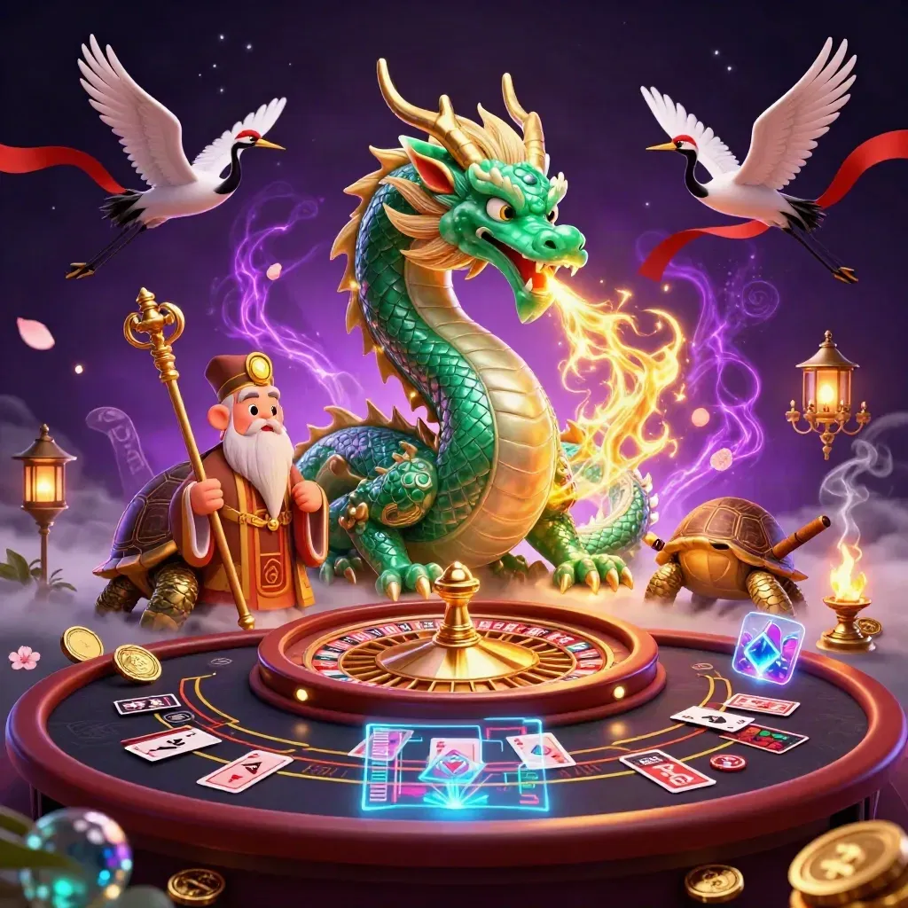 Emerald dragon, turtle sage, and cranes amid casino magic, coins, runes, and neon fire