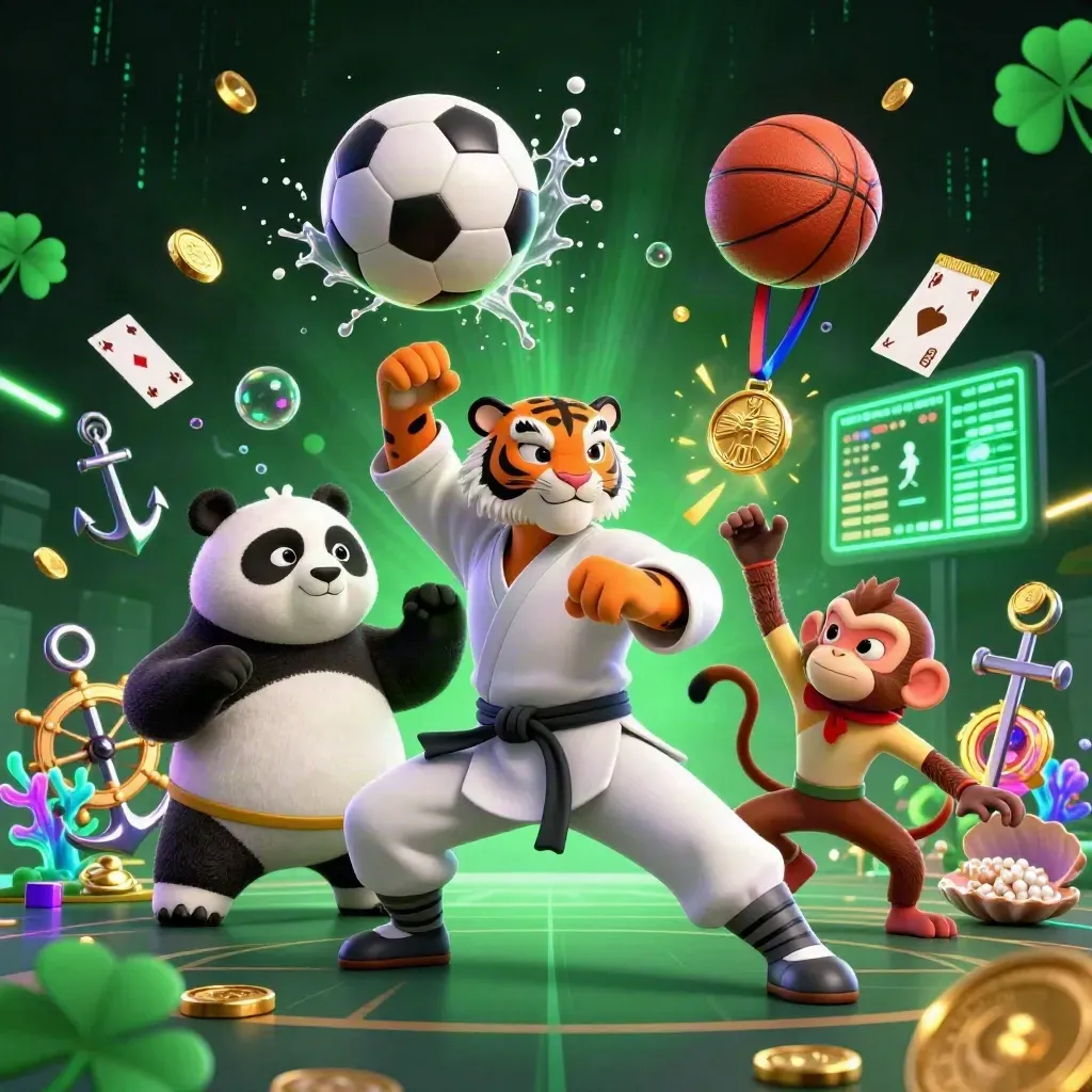 Kung-fu tiger, panda and monkey amid flying balls, coins and treasure-cove effects.