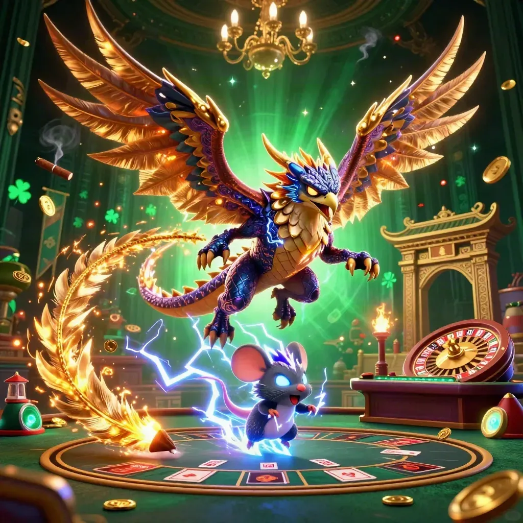Thunder dragon, wind hawk, and static mouse in a neon casino fantasy with gold light and fireworks.