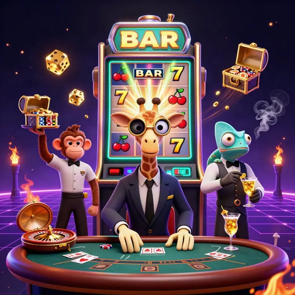 Neon casino key art with giraffe, monkey, chameleon, slot burst, roulette, and gold treasure.