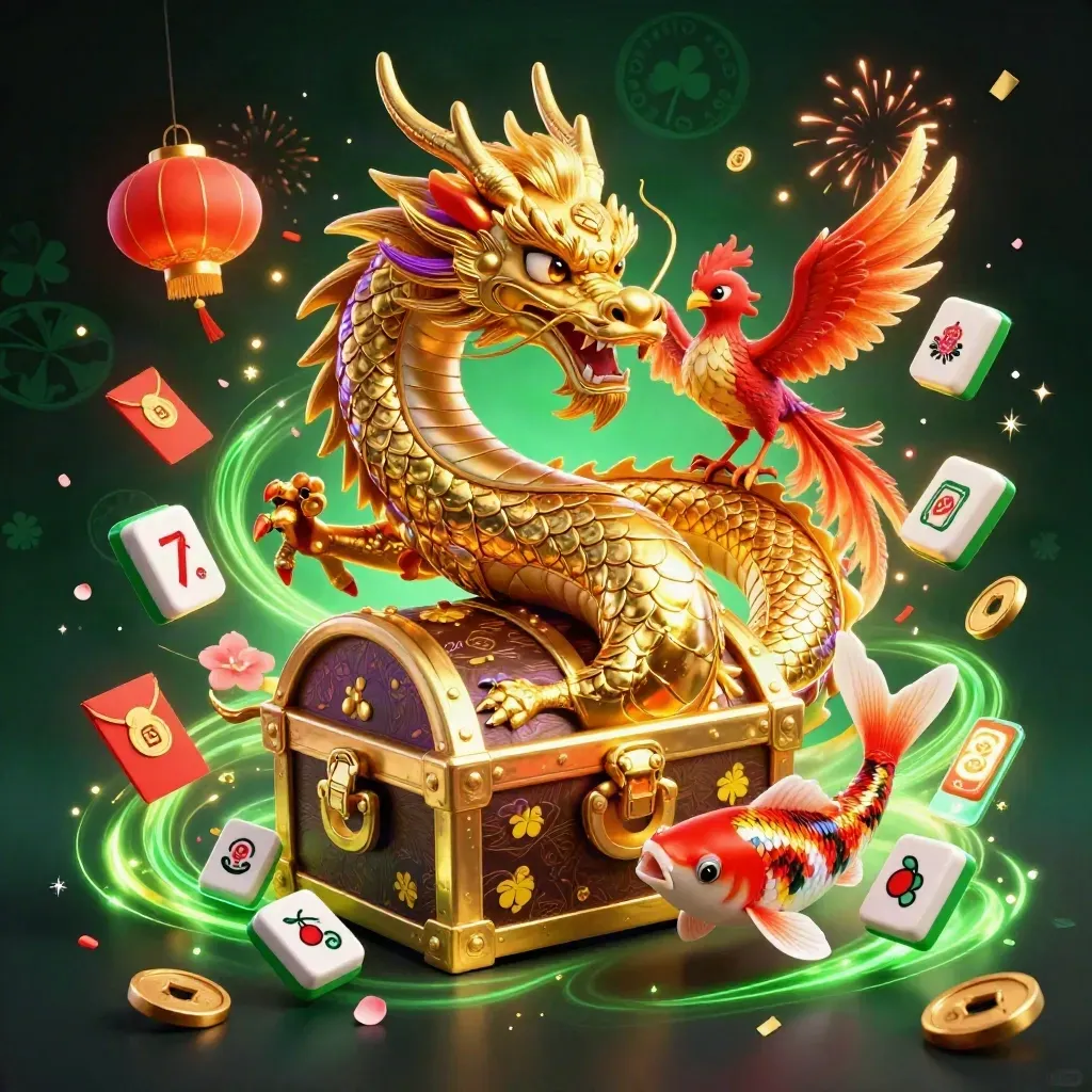 Golden dragon, red phoenix, and koi amid treasure, jade coins, lanterns, and neon green magic.