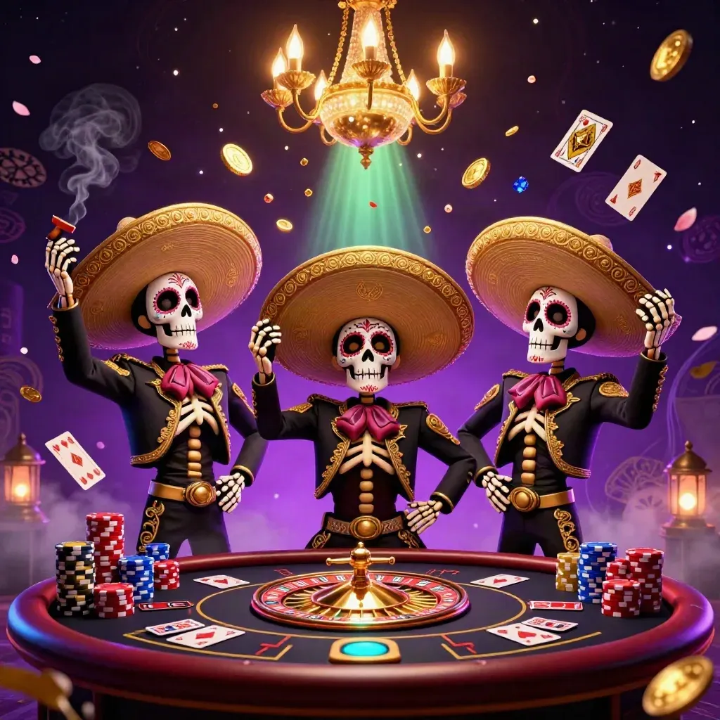 Skeleton mariachi trio amid casino lights, coins, gems, roulette wheel, cards, chips, and smoky purple glow.