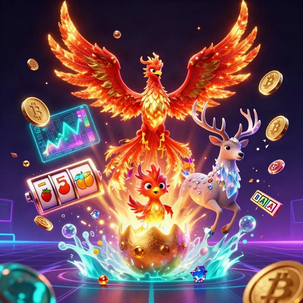 Phoenix, baby phoenix, and crystal stag burst with neon coins and underwater glow