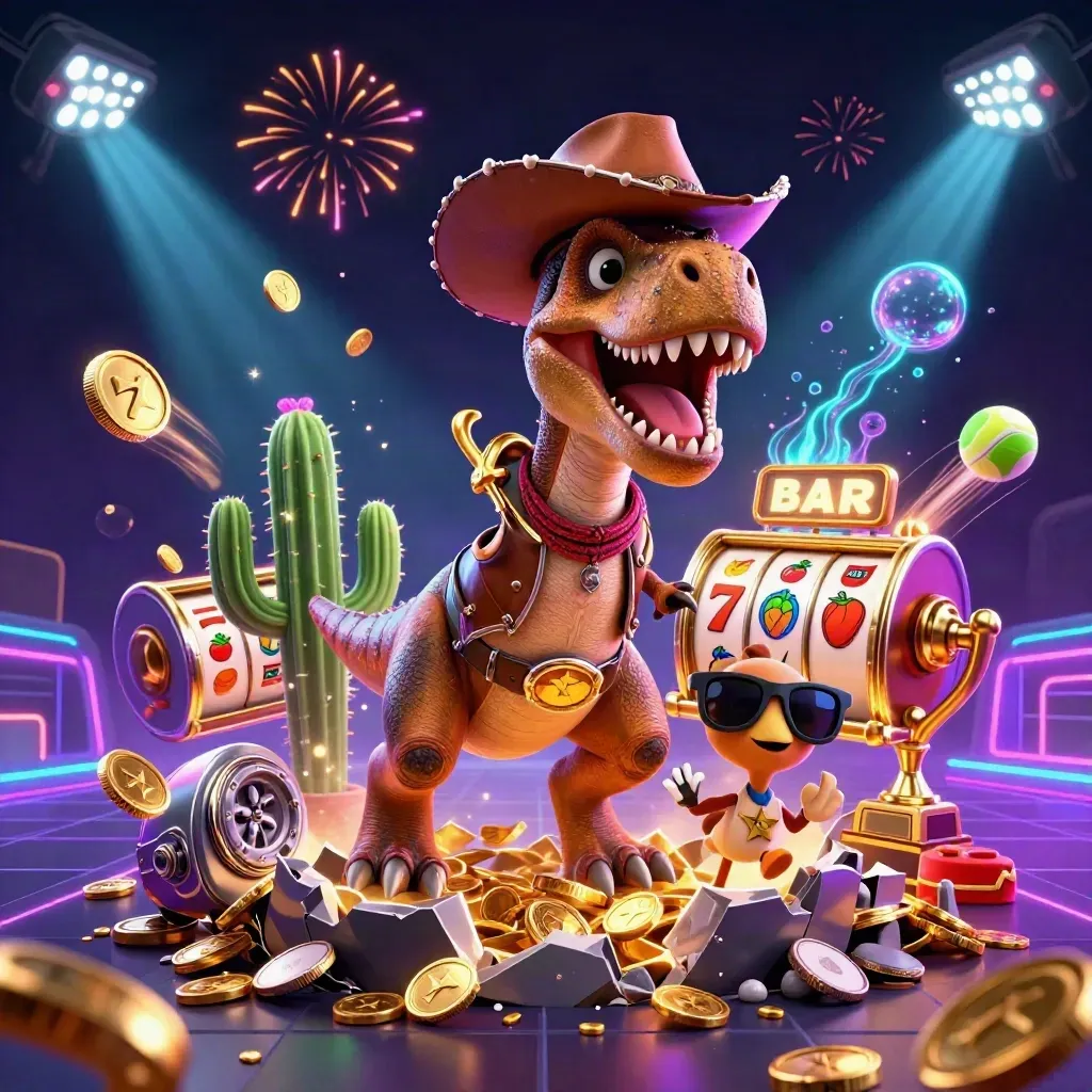 Cowboy T-Rex, cactus sidekick, and roadrunner burst from a gold vault with coins and fireworks.