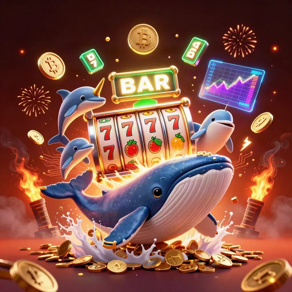 Whale captain, narwhal and dolphins burst through coins with neon casino lights and fireworks.