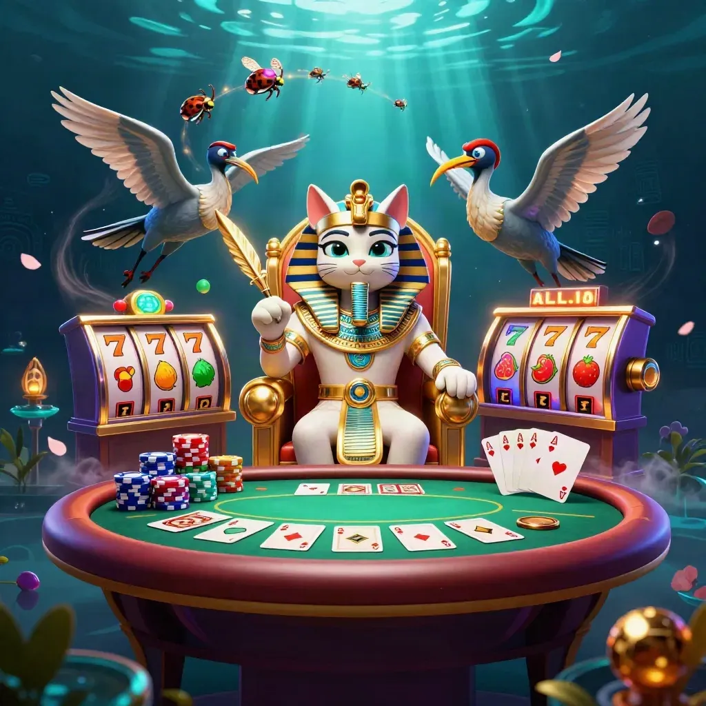 Pharaoh cat throne with ibis scribe, scarabs, chips, reels, and neon casino effects.