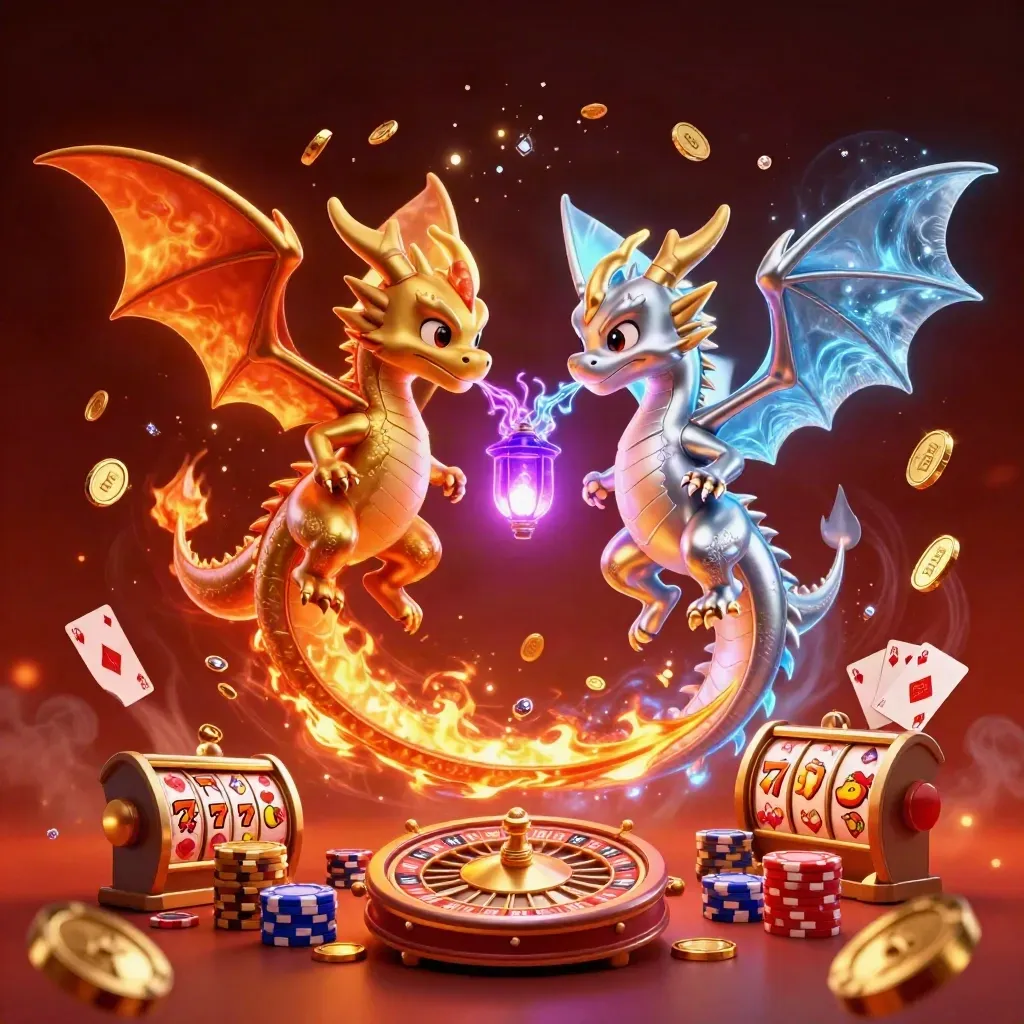 Twin gold and silver dragons spiral around a purple lantern spirit amid casino riches.