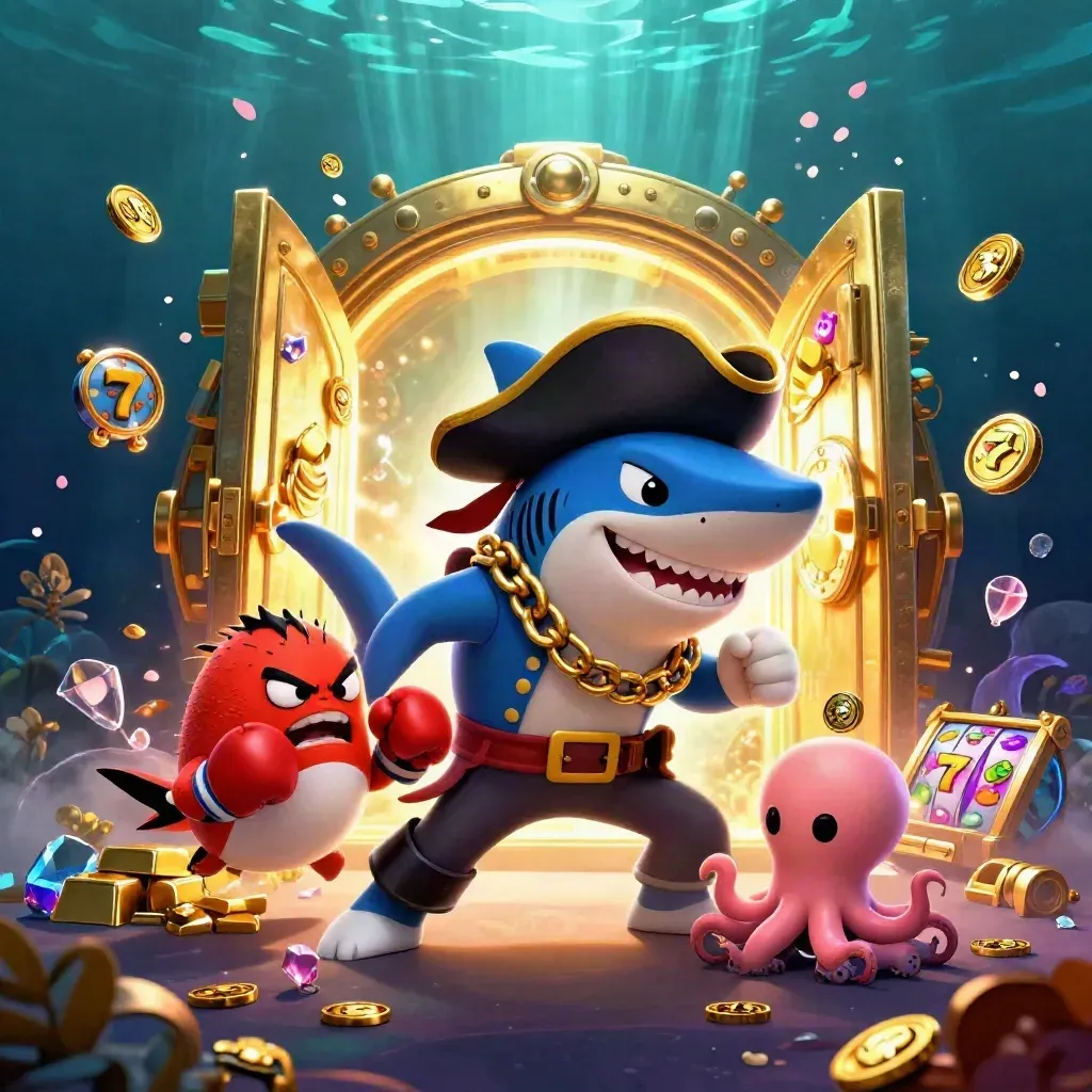 Pirate shark, boxing pufferfish, and coin-juggling octopus amid gold loot and treasure light.