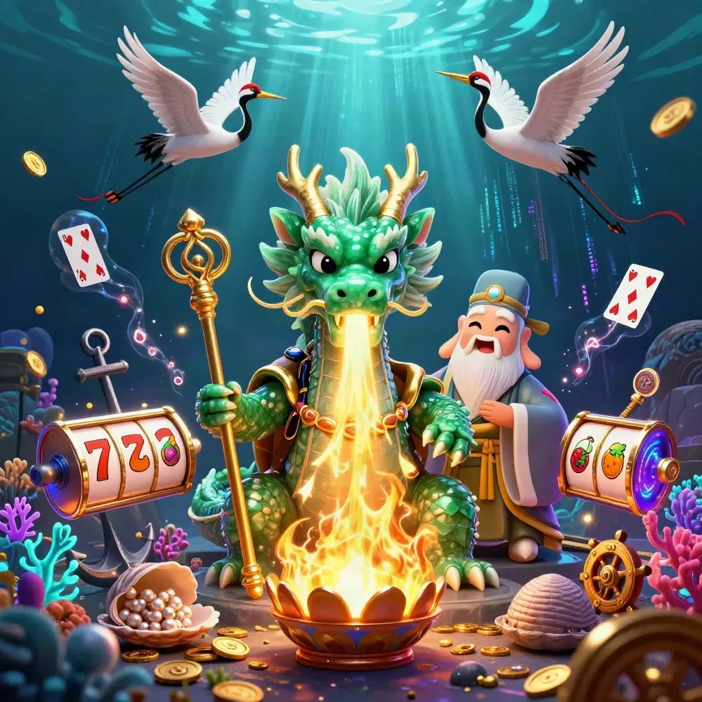 Emerald dragon, turtle sage and cranes amid casino treasure in neon underwater glow