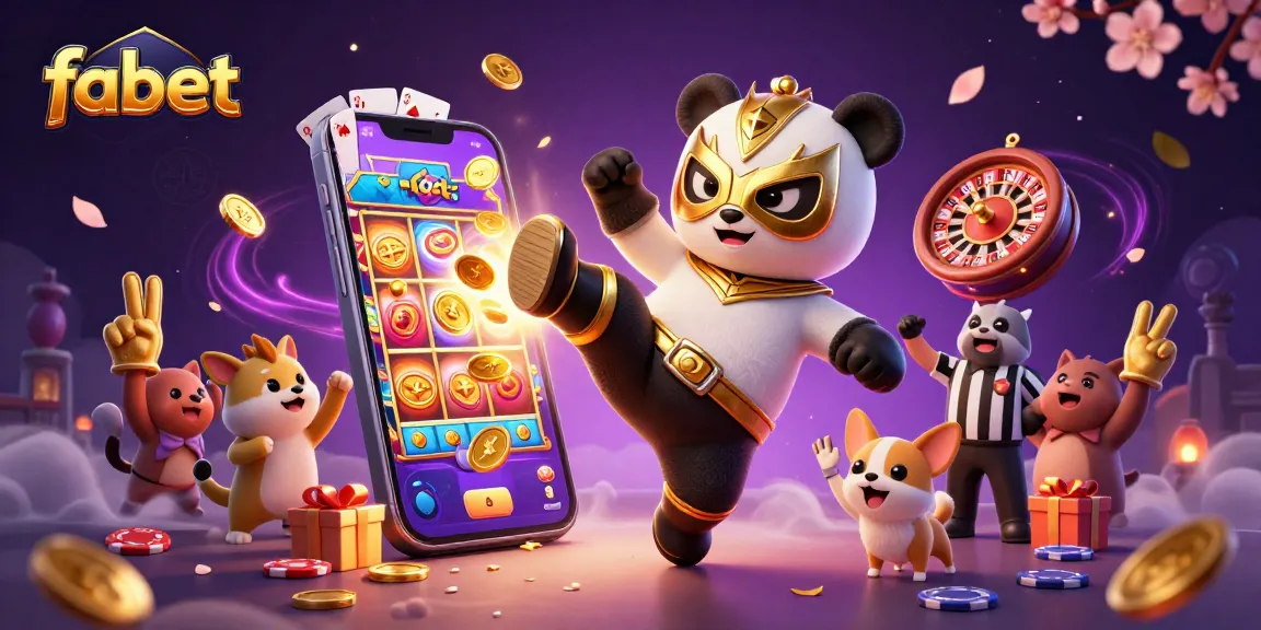 Experience thrilling bets with fabet as panda wrestler and chihuahua referee in an action-packed casino scene.