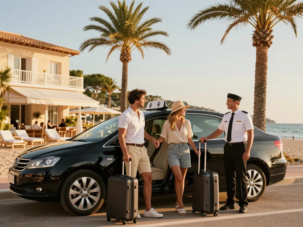 Taxi Saint-Tropez, service de taxi privé luxueux près d'un hôtel en bord de mer avec un chauffeur professionnel et un couple heureux.