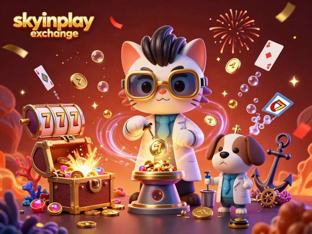 Experience thrilling action with the skyinplay exchange as a cartoon mad scientist cat creates gold coins while surrounded by familiar casino elements.