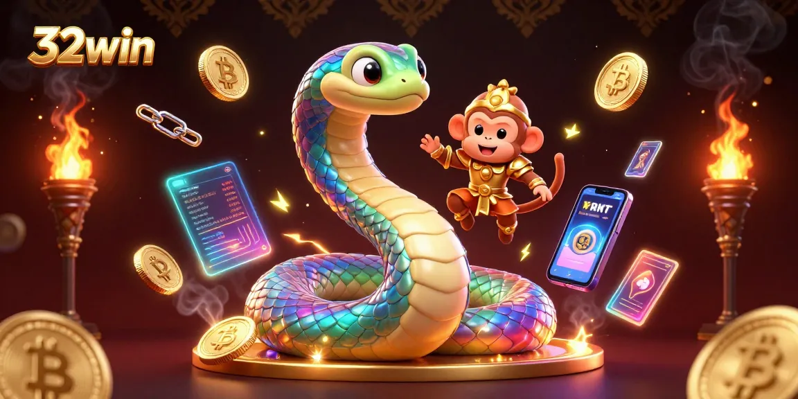 Experience thrilling wins with 32win, featuring a vibrant 3D scene of a rainbow serpent and monkey king.