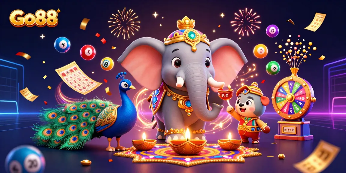 Experience the excitement of Go88 with vibrant lotto elements and a colorful, festive scene.