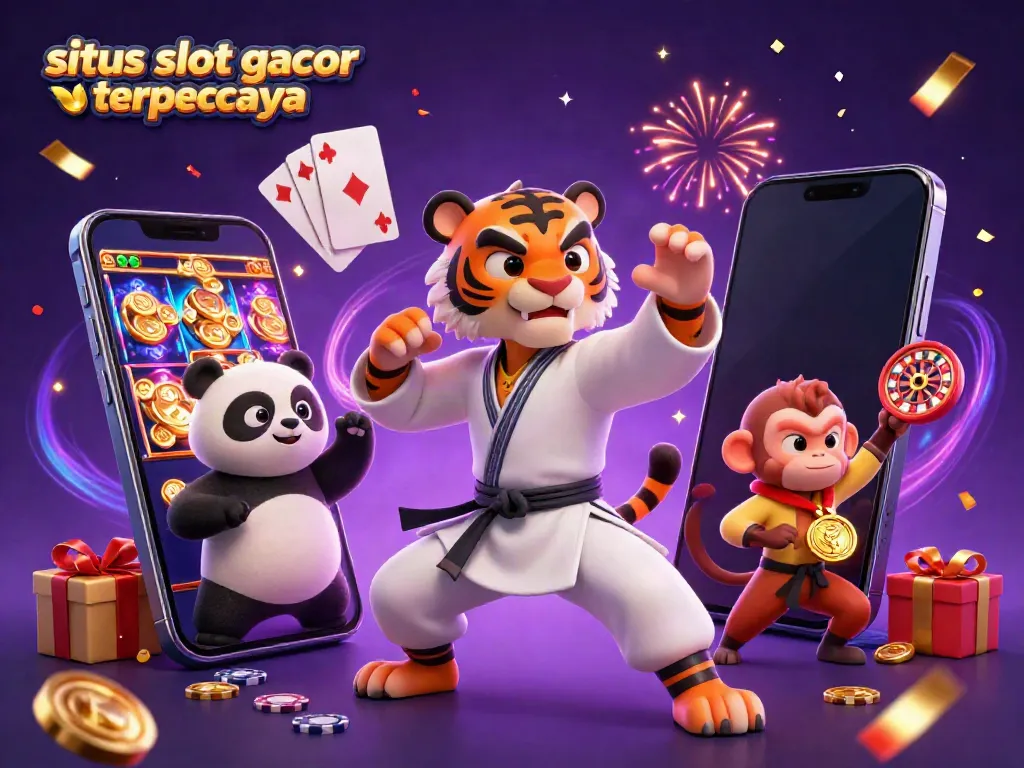 Situs slot gacor terpercaya comes alive with an energetic kung fu tiger master and friends amidst vibrant casino elements.
