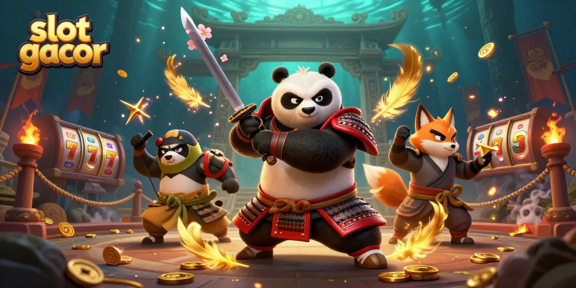Experience the excitement of slot gacor with cartoon samurai panda and friends battling amid gold coins and slot symbols.