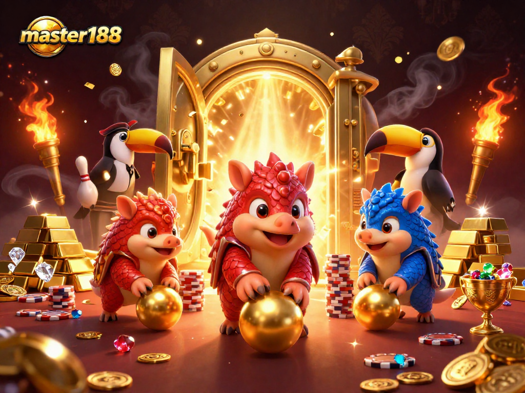 Master188 pangolins compete with golden poker chips in a vibrant, dynamic casino scene.