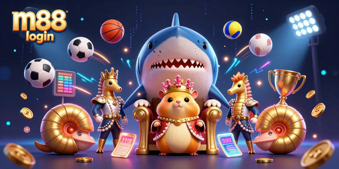 Bet on your luck with M88 login in this vibrant casino scene featuring playful characters and sports elements.