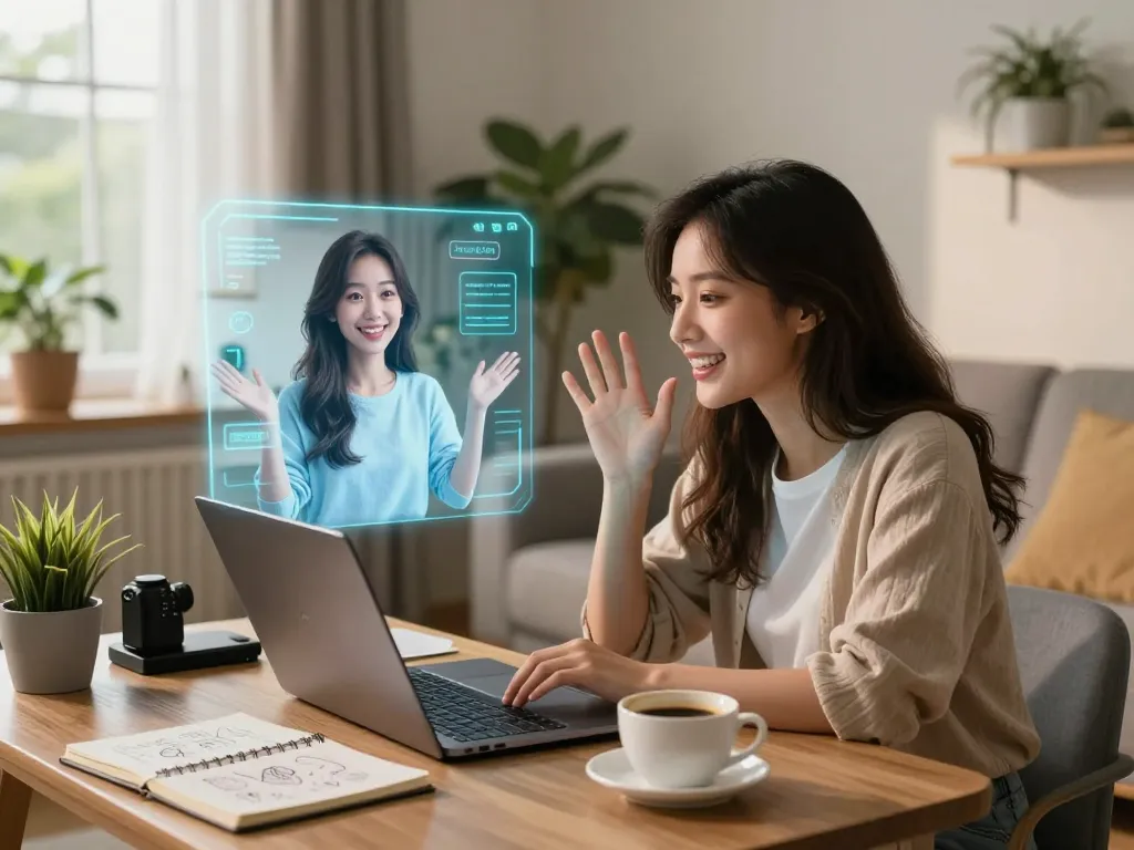 A lively virtual interaction showcasing an engaging AI gf chat in a cozy living room.