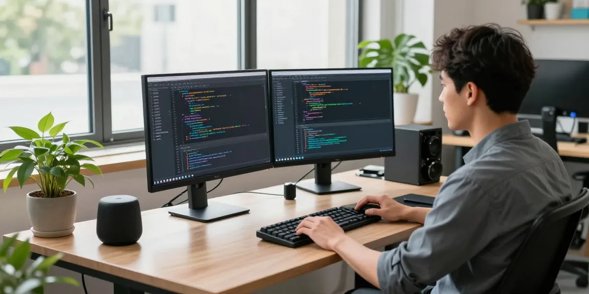 快连 provides a seamless tech experience in a modern workspace with dual monitors and coding setup.