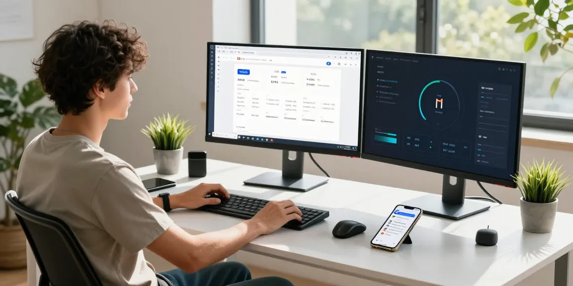 Young professional exploring the快连 network acceleration application in a modern workspace.