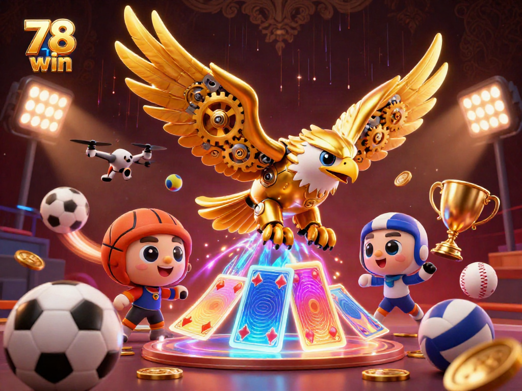Experience the thrilling excitement of 78 win with a vibrant 3D illustration of sports and casino elements.