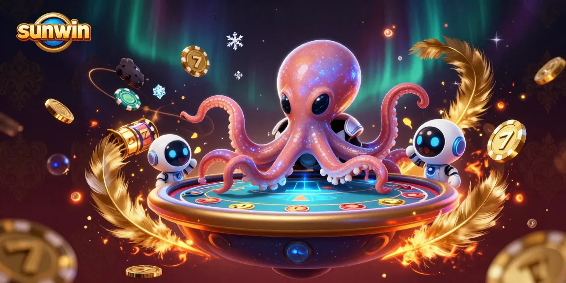 Experience thrilling play with sunwin's vibrant casino adventure featuring an octopus and robot on a holographic poker table.