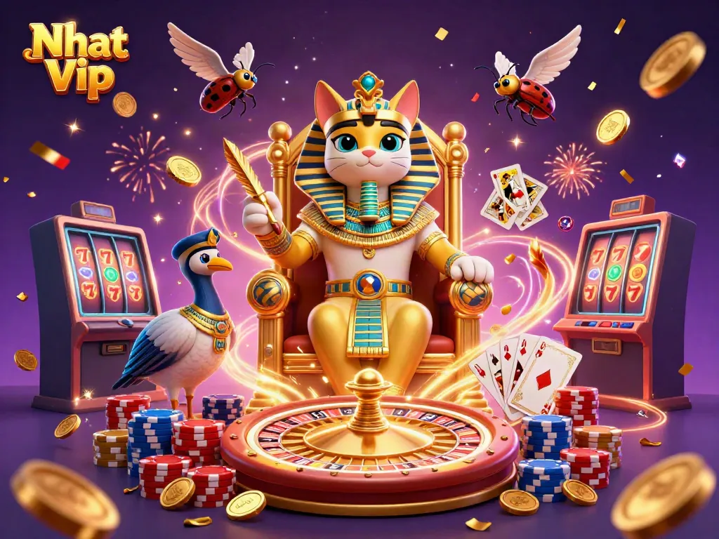 Nhat Vip showcases an exciting scene of casino elements with a pharaoh cat and treasures.