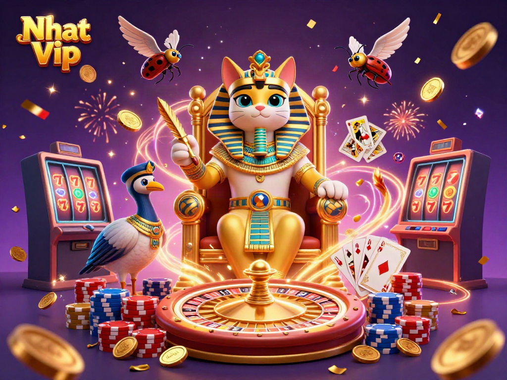 Nhat Vip showcases an exciting scene of casino elements with a pharaoh cat and treasures.