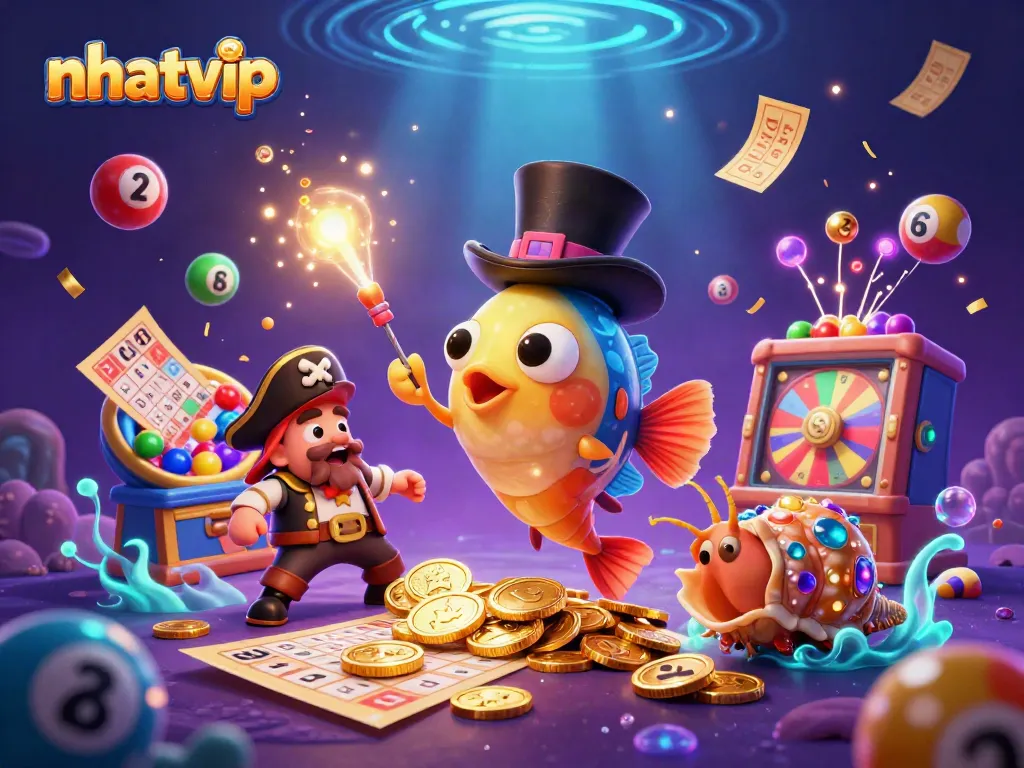 Nhatvip's winning scene with an anglerfish, shrimp, and sea snail amidst dynamic lottery elements.