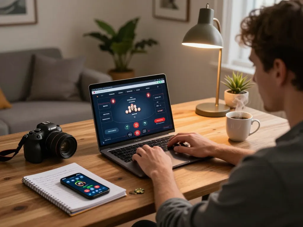 Player engaging in online poker at home with FA8 8 app on laptop and strategic notes beside.
