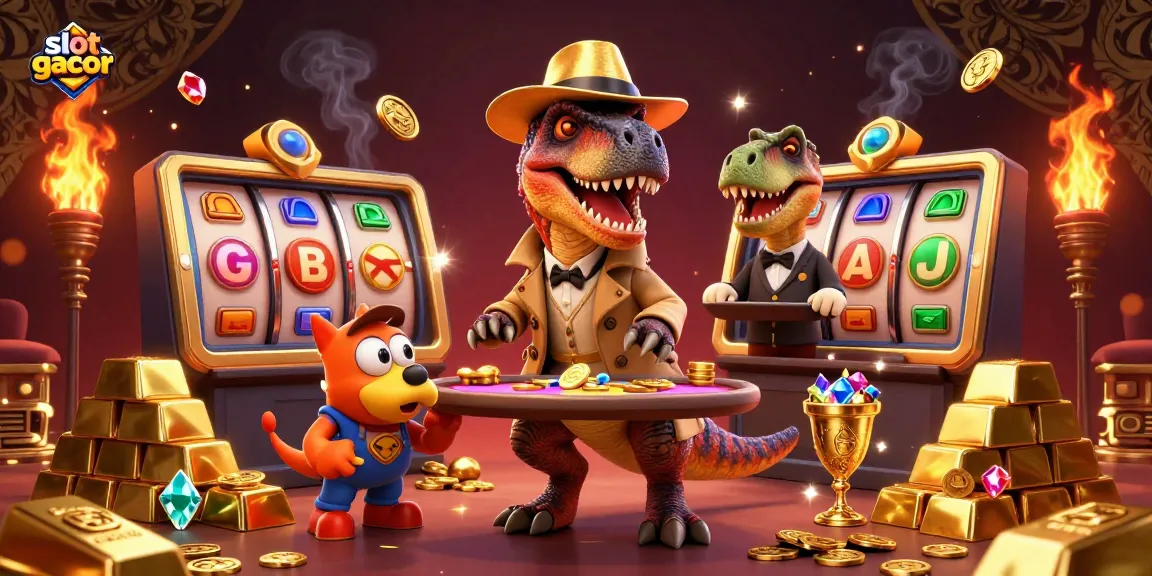Engage with slot gacor action as a velociraptor card counter and friends navigate a lively casino scene.