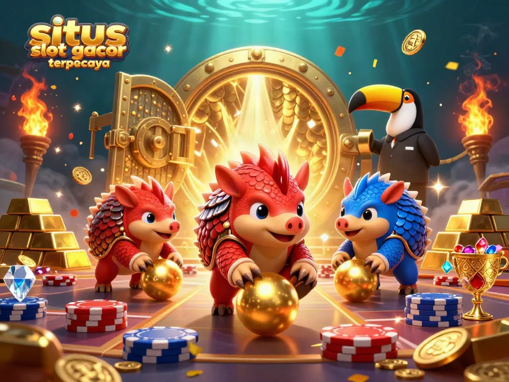Engaging 3D scene featuring pangolins in a casino setting, focused on situs slot gacor terpercaya.
